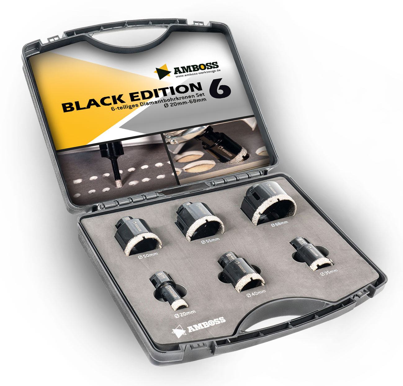 Amboss - Diamant Fliesenbohrer-/Bohrkronen - Set 6 tlg. (Ø 20-68 mm) Premium Black Edition | M14 für Winkelschleifer | Fliesen, Granit, Feinsteinzeug Amboss - Diamant Fliesenbohrer-/Bohrkronen - Set 6 tlg. (Ø 20-68 mm) Premium Black Edition | M14 für Winkelschleifer | Fliesen, Granit, Feinsteinzeug