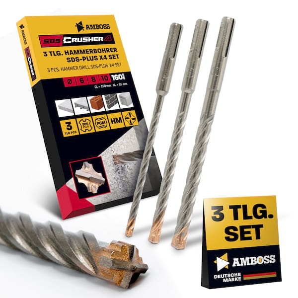 SDS Plus Hammerbohrer Set 3tlg. 4X Schneiden PGM Ø 6-10mm x 160mm - AMBOSS Werkzeuge SDS Crusher 4 - HM Betonbohrer Hartmetall Profi Bohrer  - Stahlbeton Steinbohrer Beton Mauerwerk Ziegel Kalksandstein