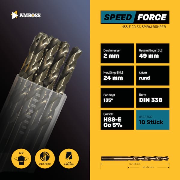 10 x HSS ECo SPEED Force Metallbohrer DIN 338 - Ø:2 mm 10 x HSS ECo SPEED Force Metallbohrer DIN 338 - Ø:2 mm