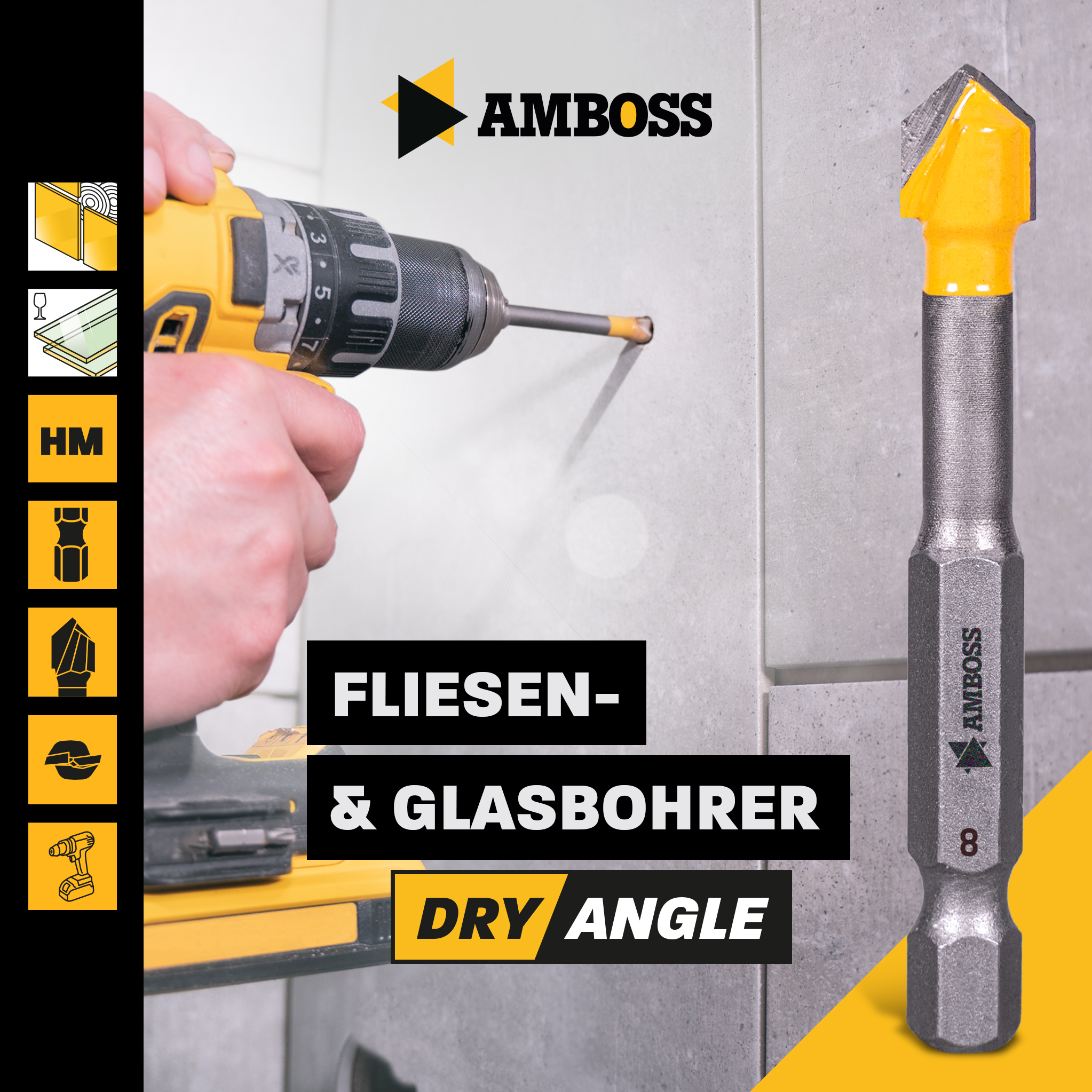 Amboss Dry Angle HM Fliesen- und Glasbohrer - Ø 8 mm - GL: 58 mm Amboss Dry Angle HM Fliesen- und Glasbohrer - Ø 8 mm - GL: 58 mm