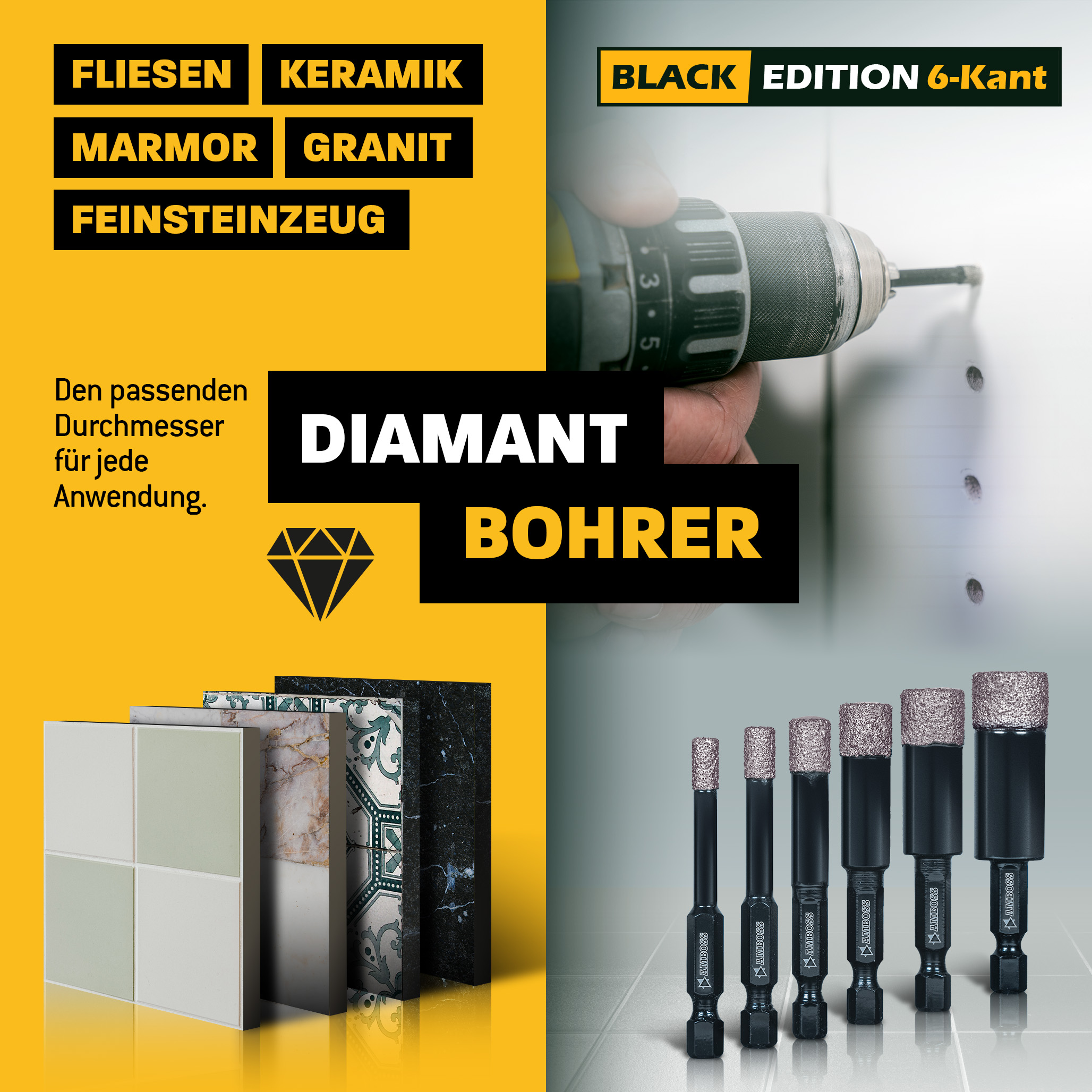 Fliesenbohrer Set Ø 5, 6, 8, 10, 12 mm (5 tlg.) /Sechskant Aufnahme - Amboss Black Edition Diamantbohrer - Fliesen, Feinsteinzeug, Keramik, Granitplatten - für Bohrmaschine/Akkubohrer