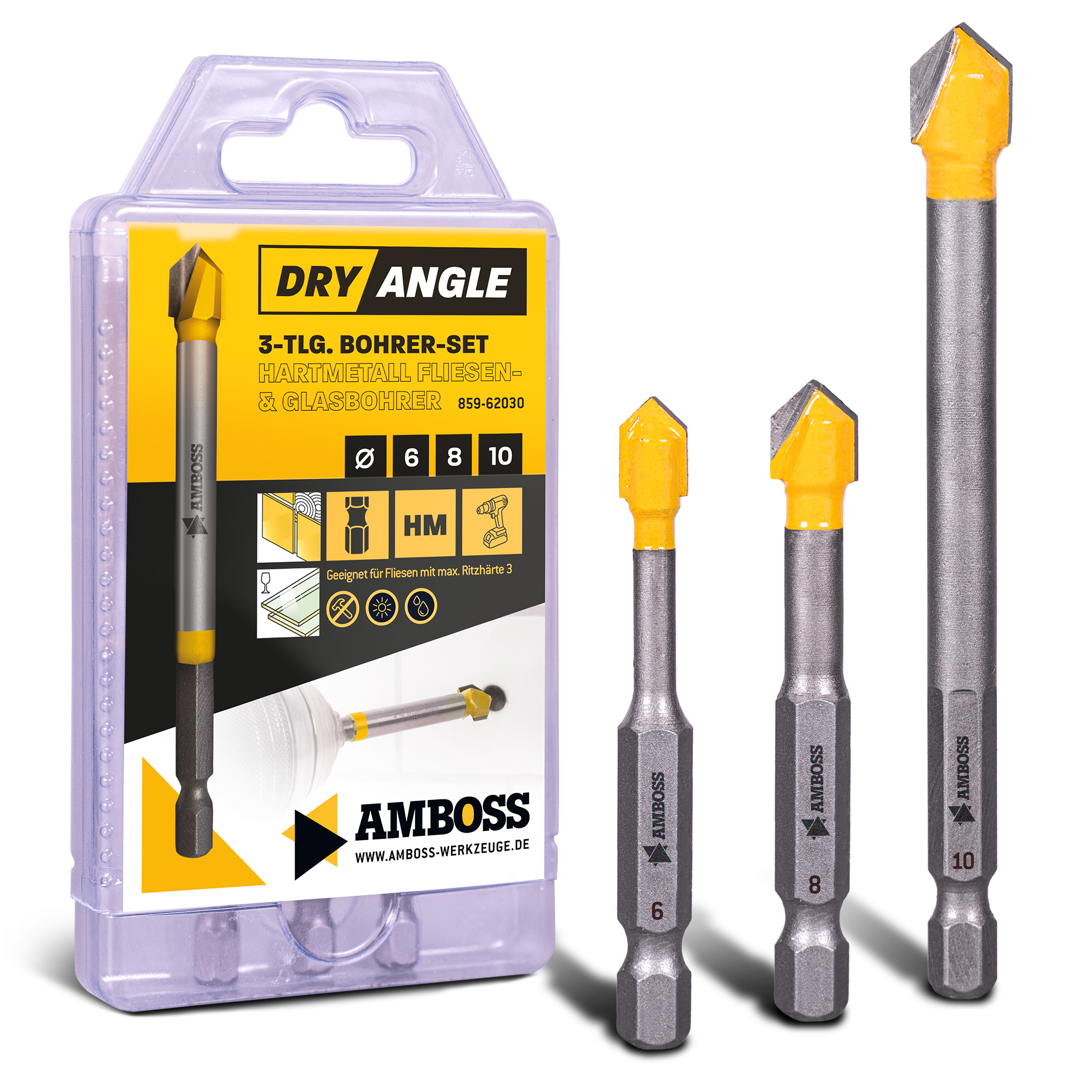 Amboss DryAngle Set Ø 6 / 8 / 10 mm - Fliesenbohrer Glasbohrer Keramikbohrer - Sechskantschaft für Bohrmaschinen - Glas / Wandfliesen / Dachziegel / Keramik bohren Amboss DryAngle Set Ø 6 / 8 / 10 mm - Fliesenbohrer Glasbohrer Keramikbohrer - Sechskantschaft für Bohrmaschinen - Glas / Wandfliesen / Dachziegel / Keramik bohren