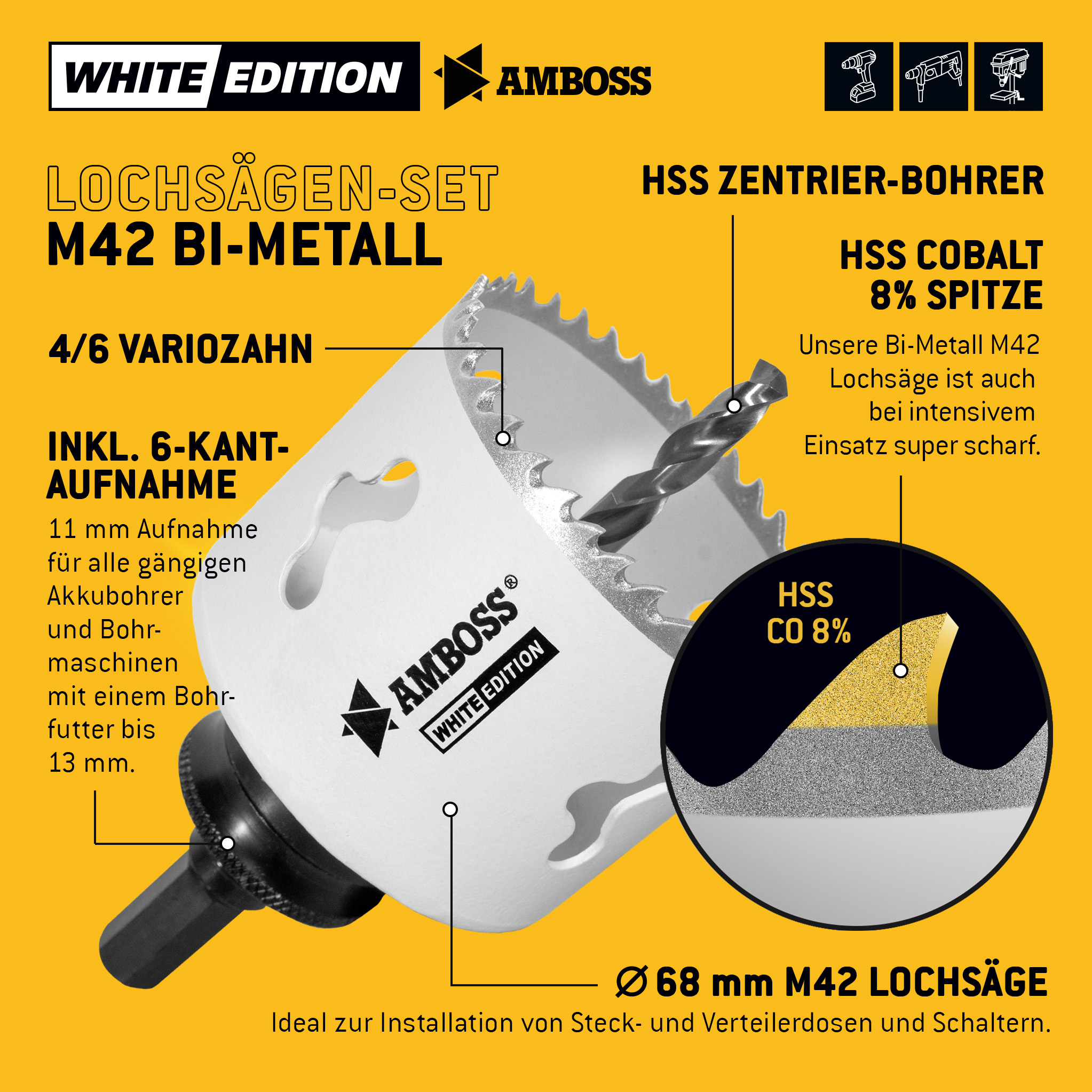 Amboss M42 BiMetall  Lochsäge 68 mm  inkl. 6 kant Aufnahme Amboss M42 BiMetall  Lochsäge 68 mm  inkl. 6 kant Aufnahme