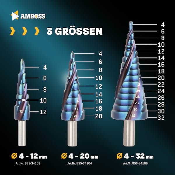 Stufenbohrer Ø 4-32 mm / 15 Stufen Konusbohrer / 10 mm Schaft / Profi Metallbohrer Kegelbohrer HSS-E Co 5% / Amboss PowerStep 3 mit TiAlSiN Blue Nano Guard / Lochbohrer geeignet für Metall, Holz, Kunststoff Stufenbohrer Ø 4-32 mm / 15 Stufen Konusbohrer / 10 mm Schaft / Profi Metallbohrer Kegelbohrer HSS-E Co 5% / Amboss PowerStep 3 mit TiAlSiN Blue Nano Guard / Lochbohrer geeignet für Metall, Holz, Kunststoff