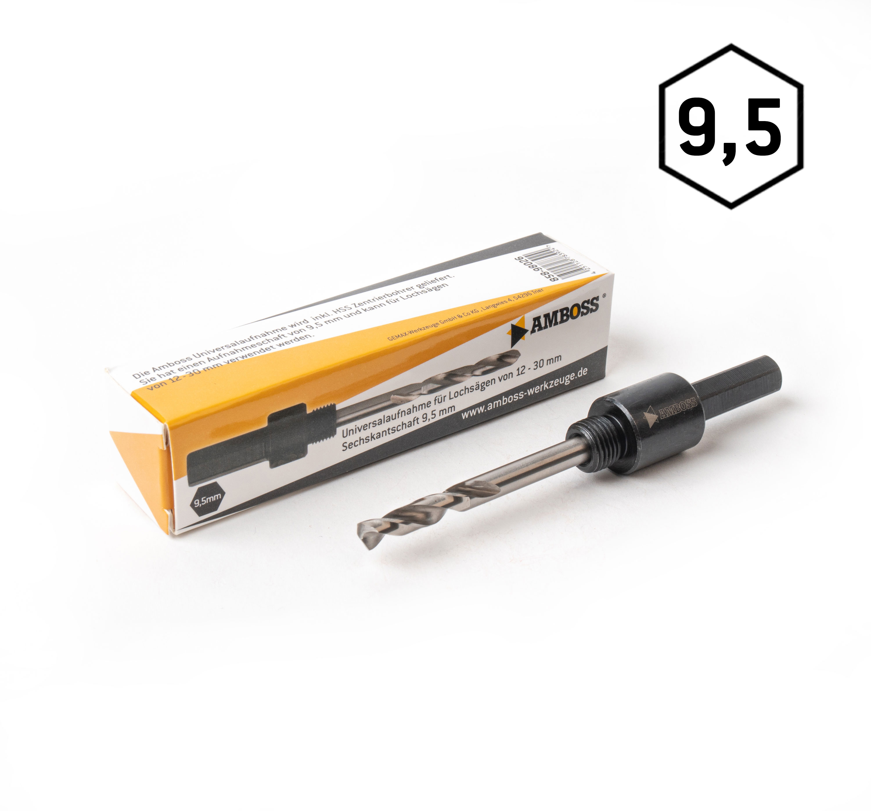 6-Kant Aufnahme 9,5mm - für Ø 14-30mm inkl. HSS Zentrierbohrer 6-Kant Aufnahme 9,5mm - für Ø 14-30mm inkl. HSS Zentrierbohrer