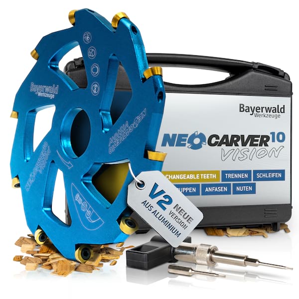 Bayerwald NeoCarver 10 Vision V2 - Hartmetall Frässcheibe für Holz - Holzschnitzfräser aus Aluminium für Winkelschleifer zum Trennen, Schleifen, Schruppen uvm. - Ø 115mm x 22,2 mm / 10 Zähne