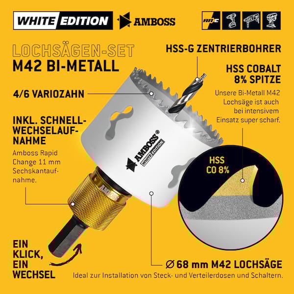 Amboss BiMetall M42 Lochsäge 68 mm mit Schnellwechselaufnahme ARC Amboss BiMetall M42 Lochsäge 68 mm mit Schnellwechselaufnahme ARC