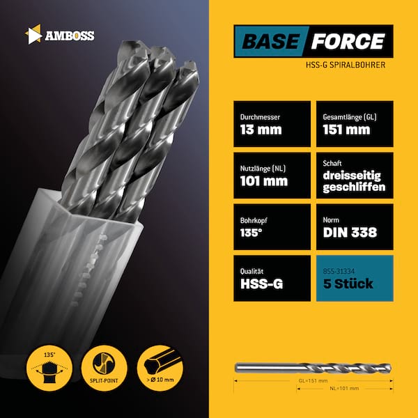 5 x HSS G BASE Force Metallbohrer DIN 338 - Ø:13 mm 5 x HSS G BASE Force Metallbohrer DIN 338 - Ø:13 mm
