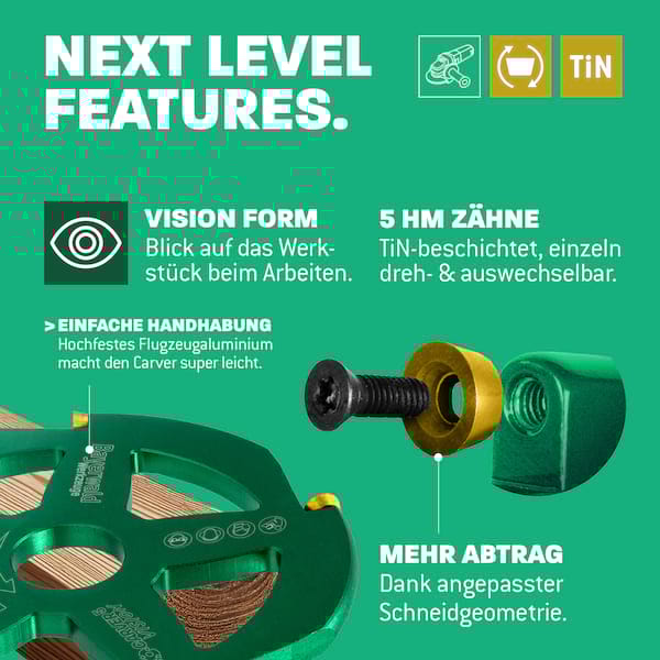Bayerwald NeoCarver 5 Vision V2 - Hartmetall Frässcheibe für Holz - Holzschnitzfräser aus Aluminium für Winkelschleifer zum Trennen, Schleifen, Schruppen uvm. - Ø 115mm x 22,2 mm / 5 Zähne