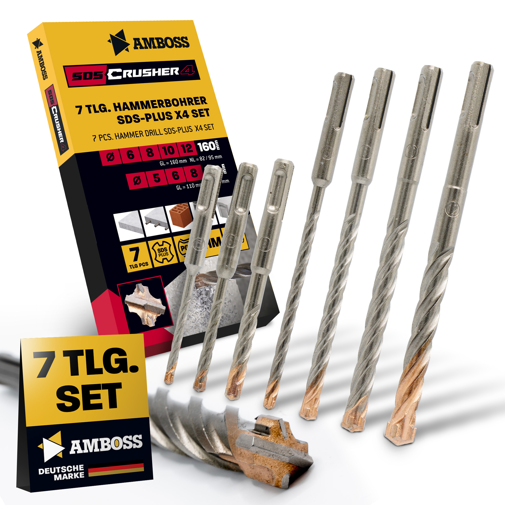 SDS Plus Hammerbohrer Set 7tlg. 4X Schneiden PGM Ø 5-12mm x 110/160mm - AMBOSS Werkzeuge SDS Crusher 4 - HM Betonbohrer Hartmetall Profi Bohrer  - Stahlbeton Steinbohrer Beton Mauerwerk Ziegel Kalksandstein SDS Plus Hammerbohrer Set 7tlg. 4X Schneiden PGM Ø 5-12mm x 110/160mm - AMBOSS Werkzeuge SDS Crusher 4 - HM Betonbohrer Hartmetall Profi Bohrer  - Stahlbeton Steinbohrer Beton Mauerwerk Ziegel Kalksandstein