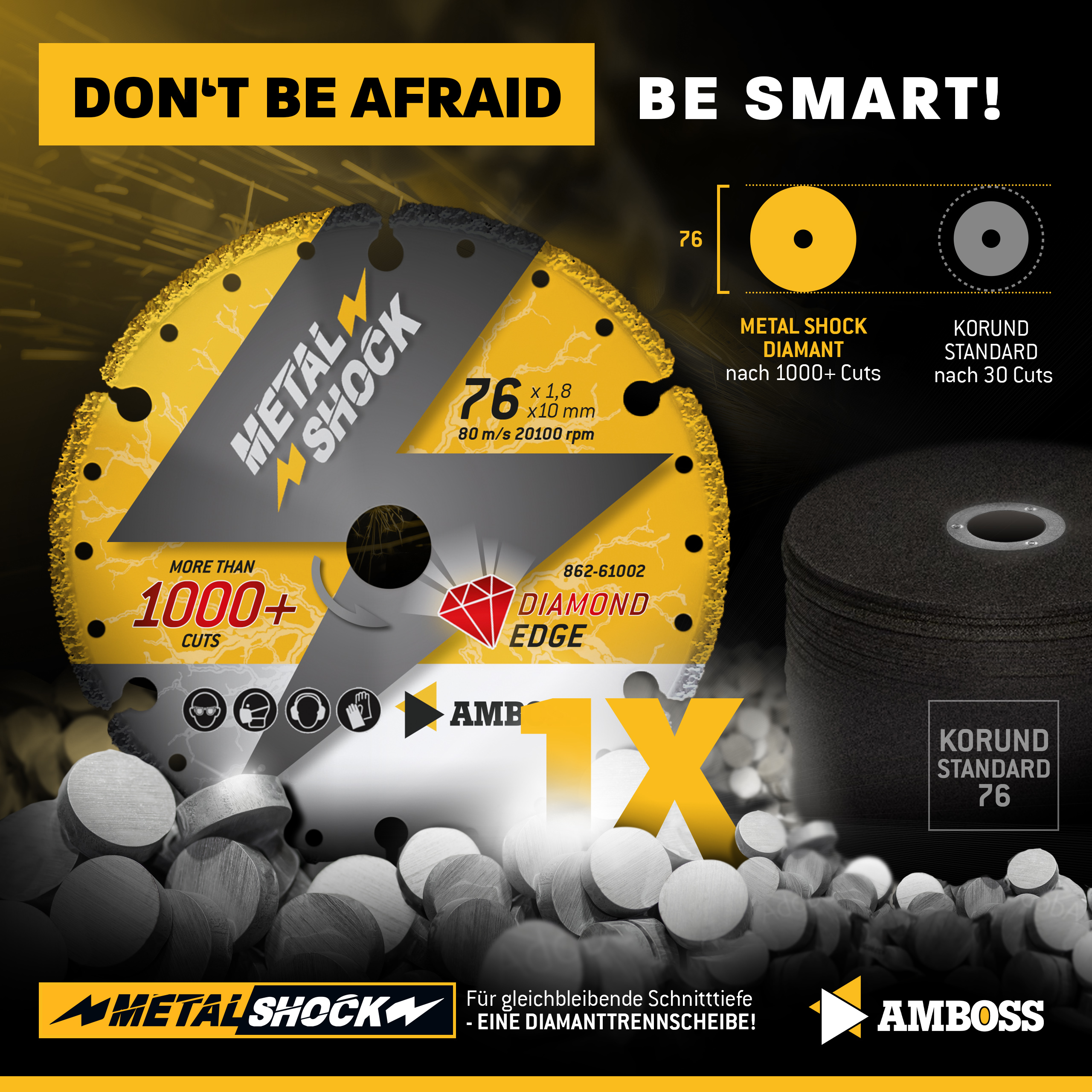 AMBOSS METAL SHOCK - Diamant Trennscheibe 76 x 1,8 x 10 mm - geeignet für Metall/Stahl/Inox - passend für Mini Winkelschleifer wie Bosch GWS 12V-76 / Metabo Powermaxx CC 12 / Milwaukee M12FCOT-0 uvm. AMBOSS METAL SHOCK - Diamant Trennscheibe 76 x 1,8 x 10 mm - geeignet für Metall/Stahl/Inox - passend für Mini Winkelschleifer wie Bosch GWS 12V-76 / Metabo Powermaxx CC 12 / Milwaukee M12FCOT-0 uvm.
