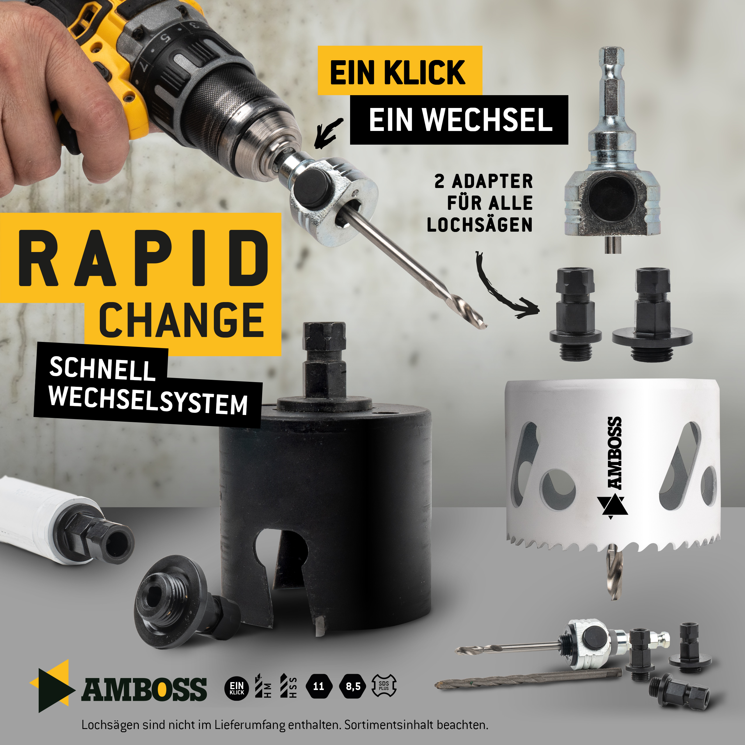 Schnellwechselaufnahme (komplett) 6kant 11mm-inkl. HSS und HM Zentrierbohrer und Adapter (2x klein / 3x groß)