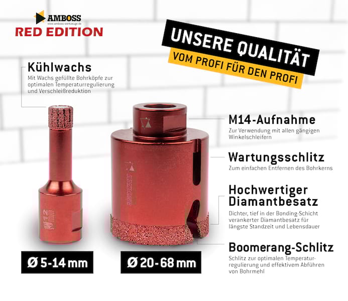 Amboss Red Edition 14 Diamant Bohrkronen Set Ø 5-68 mm / Vollfräser 8/10/20 mm Amboss Red Edition 14 Diamant Bohrkronen Set Ø 5-68 mm / Vollfräser 8/10/20 mm