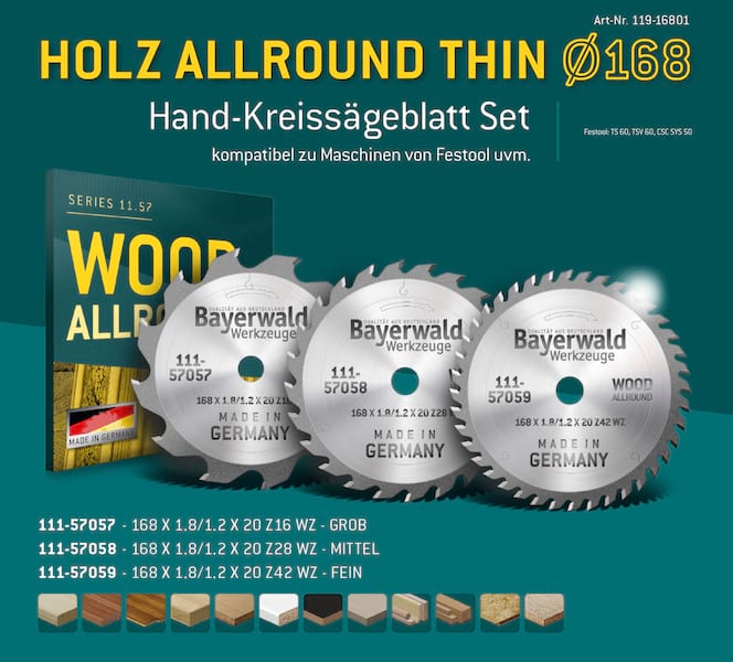 Bayerwald Kreissägeblatt Set Ø168 (3 tlg.) - für NE-Metall & Holz - geeignet für Akku-Handkreissägen von Festool uvm. Bayerwald Kreissägeblatt Set Ø168 (3 tlg.) - für NE-Metall & Holz - geeignet für Akku-Handkreissägen von Festool uvm.
