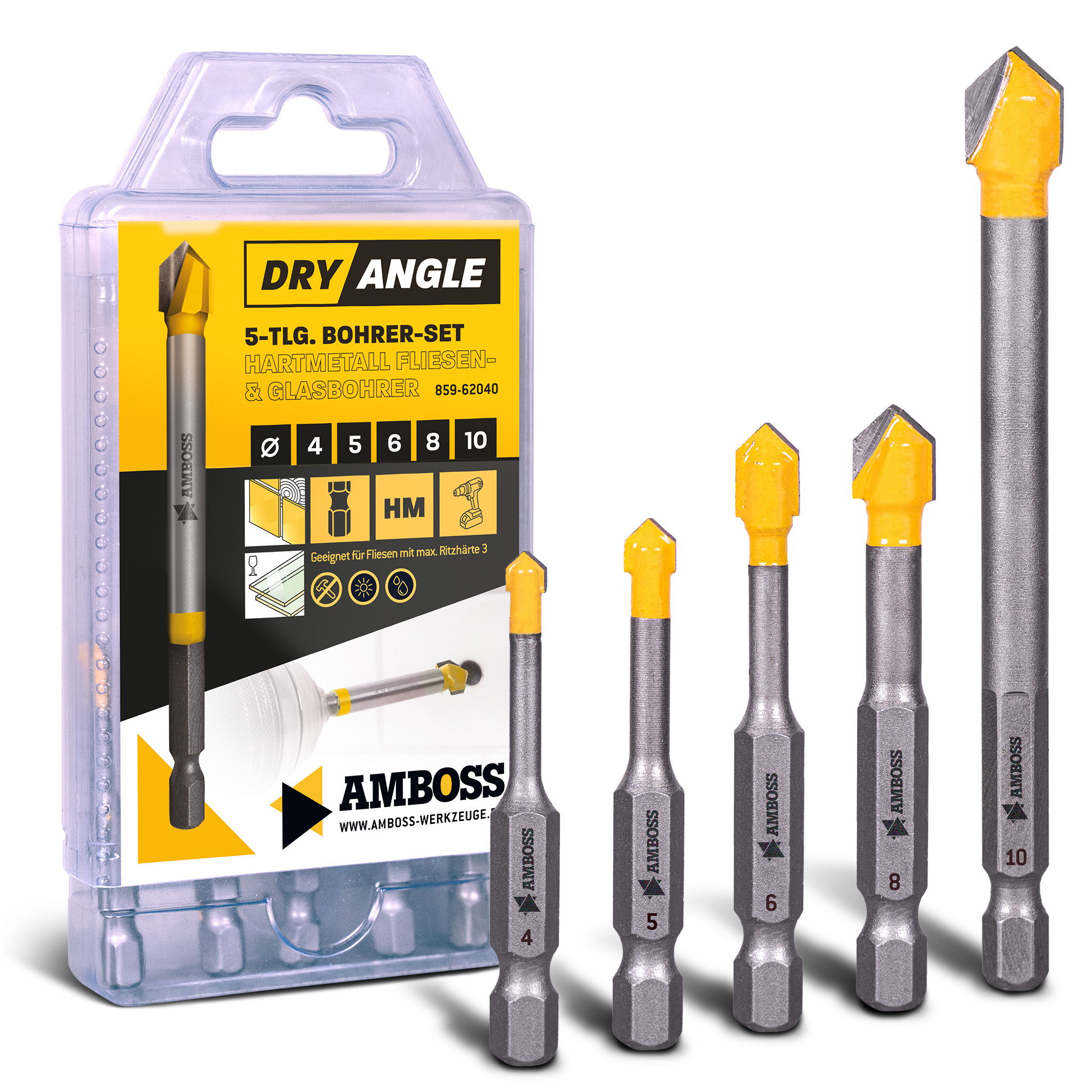Amboss DryAngle Set Ø 4 / 5 / 6 / 8 / 10 mm - Fliesenbohrer Glasbohrer Keramikbohrer - Sechskantschaft für Bohrmaschinen - Glas / Wandfliesen / Dachziegel / Keramik bohren Amboss DryAngle Set Ø 4 / 5 / 6 / 8 / 10 mm - Fliesenbohrer Glasbohrer Keramikbohrer - Sechskantschaft für Bohrmaschinen - Glas / Wandfliesen / Dachziegel / Keramik bohren