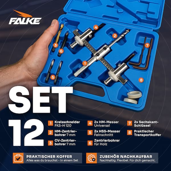 Falke Kreisschneider FKS-H 120 - Universal für Holz, Kunststoff, Gipskarton | Durchmesser stufenlos einstellbar (40-120 mm) - Verstellbare Lochsäge Falke Kreisschneider FKS-H 120 - Universal für Holz, Kunststoff, Gipskarton | Durchmesser stufenlos einstellbar (40-120 mm) - Verstellbare Lochsäge