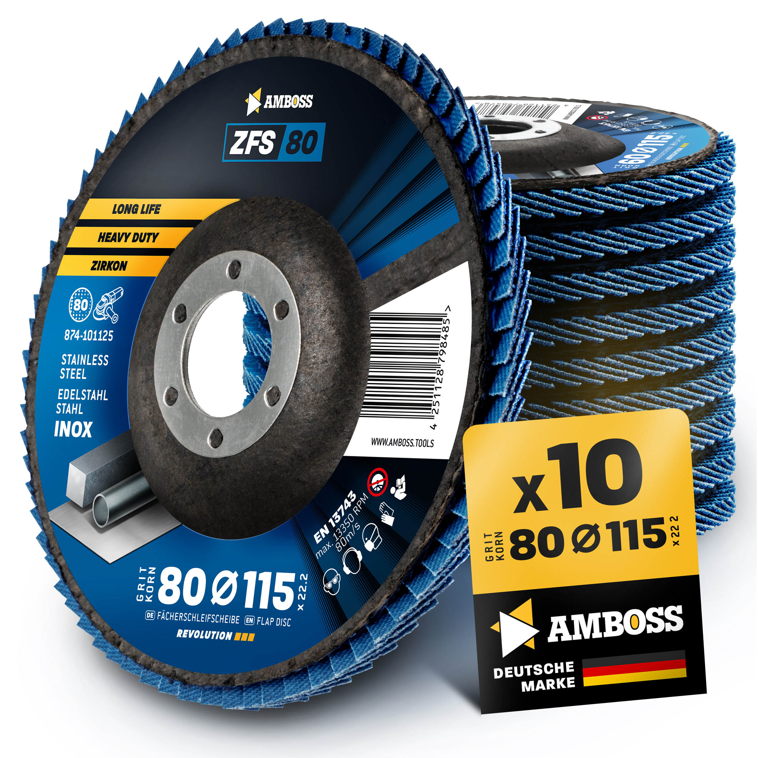 10x Amboss ZFS Fächerschleifscheibe Korn:80 Ø115mm 10x Amboss ZFS Fächerschleifscheibe Korn:80 Ø115mm