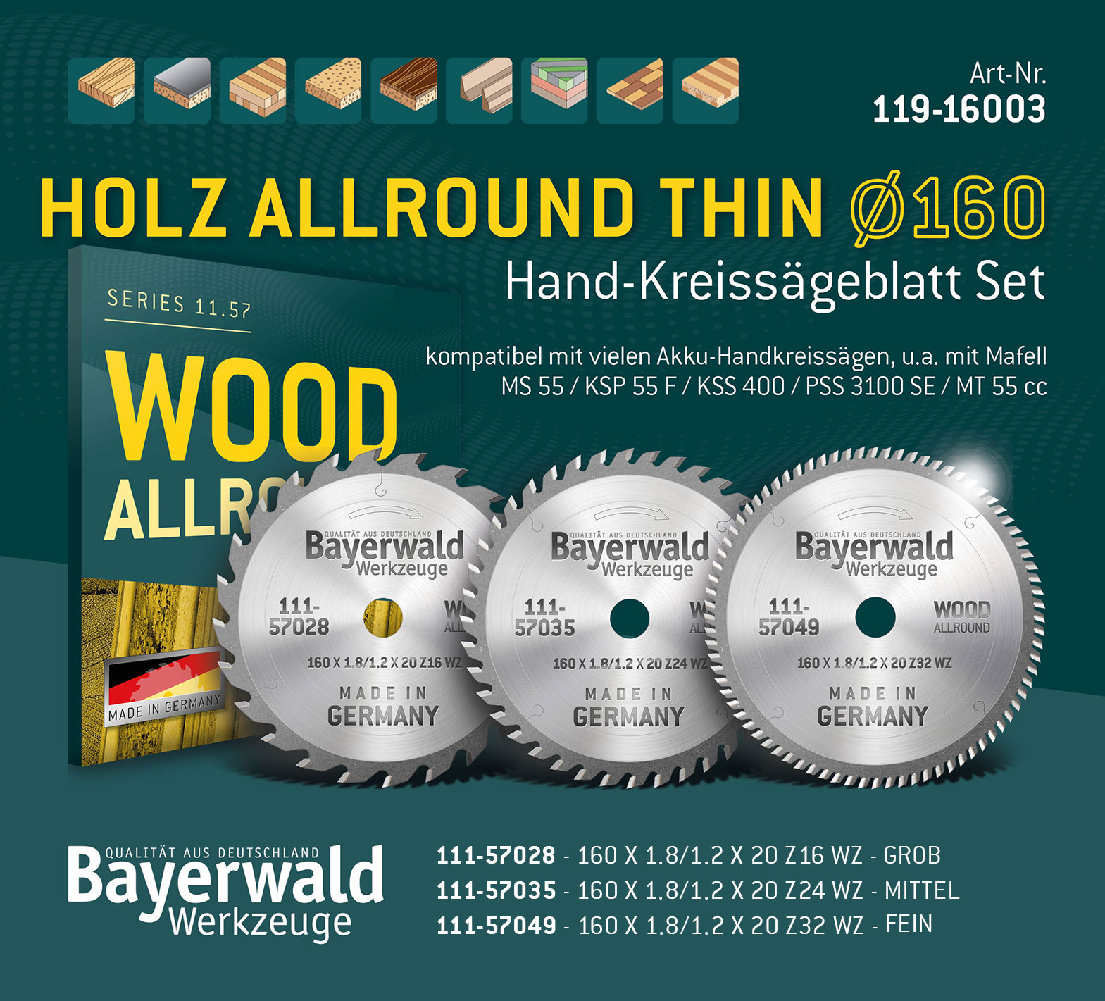 HOLZ ALLROUND THIN Ø160 Akku Hand-Kreissägeblatt Set HOLZ ALLROUND THIN Ø160 Akku Hand-Kreissägeblatt Set