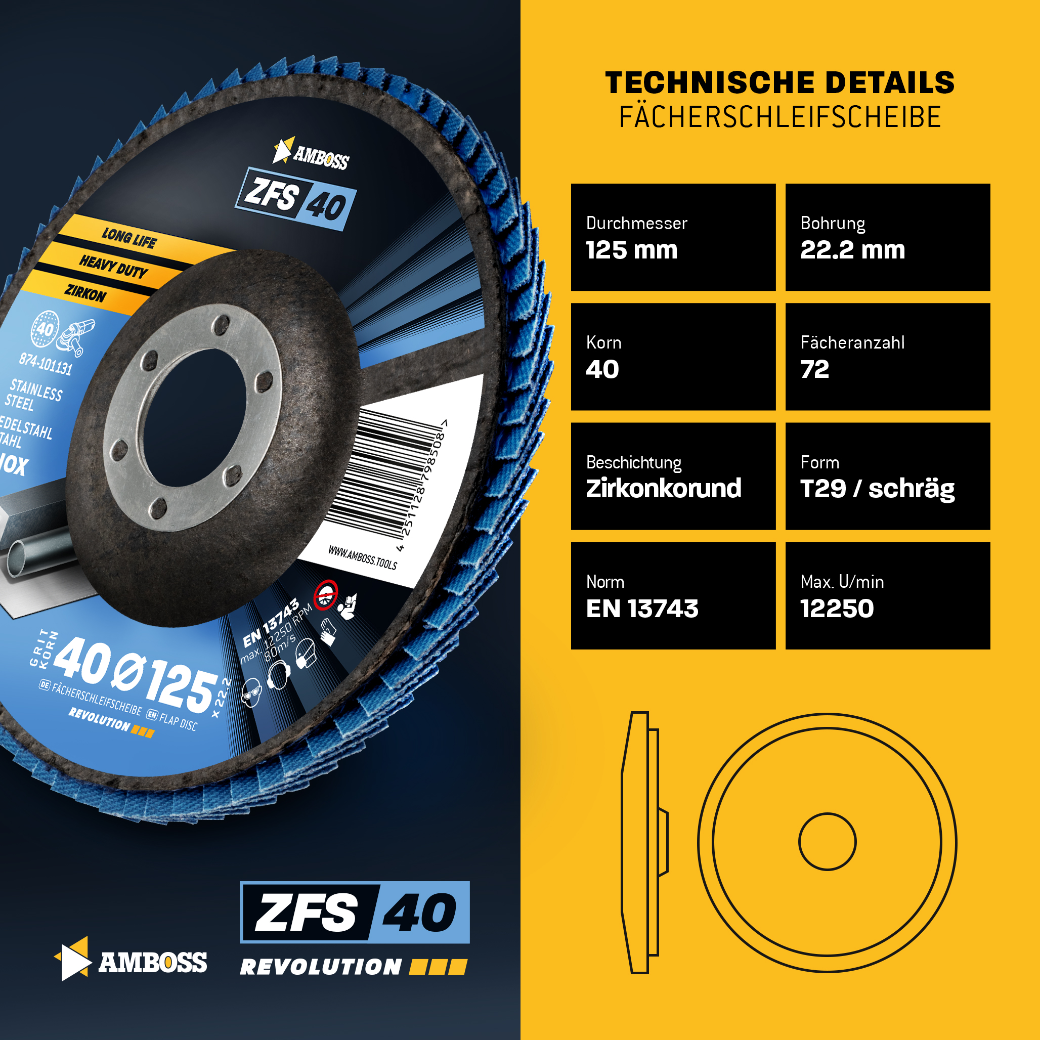 10x Amboss ZFS Fächerschleifscheibe Korn:40 Ø125mm 10x Amboss ZFS Fächerschleifscheibe Korn:40 Ø125mm