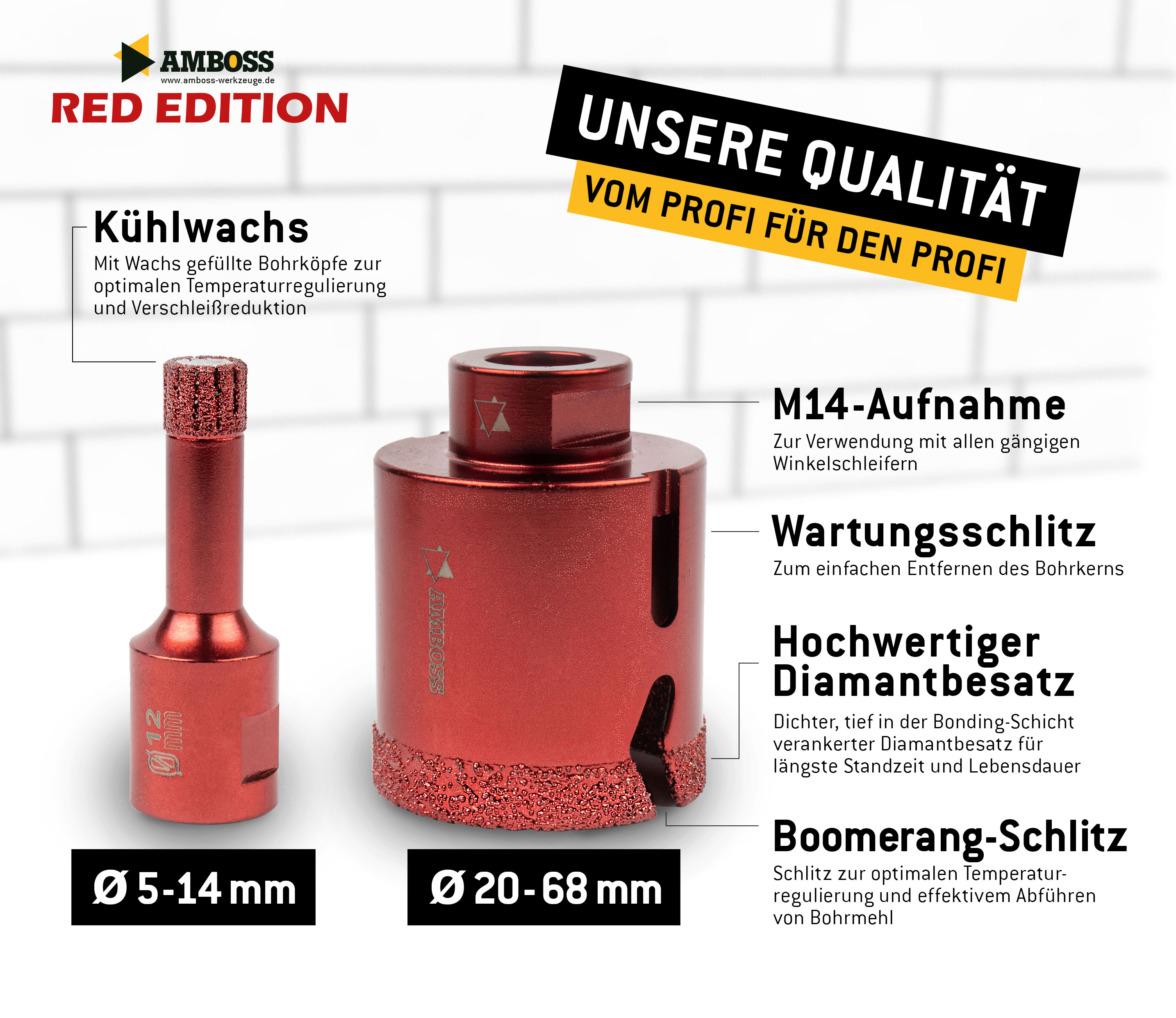 Amboss Red Edition 8 - Diamant Bohrkronen Set Ø 20-68 mm Amboss Red Edition 8 - Diamant Bohrkronen Set Ø 20-68 mm