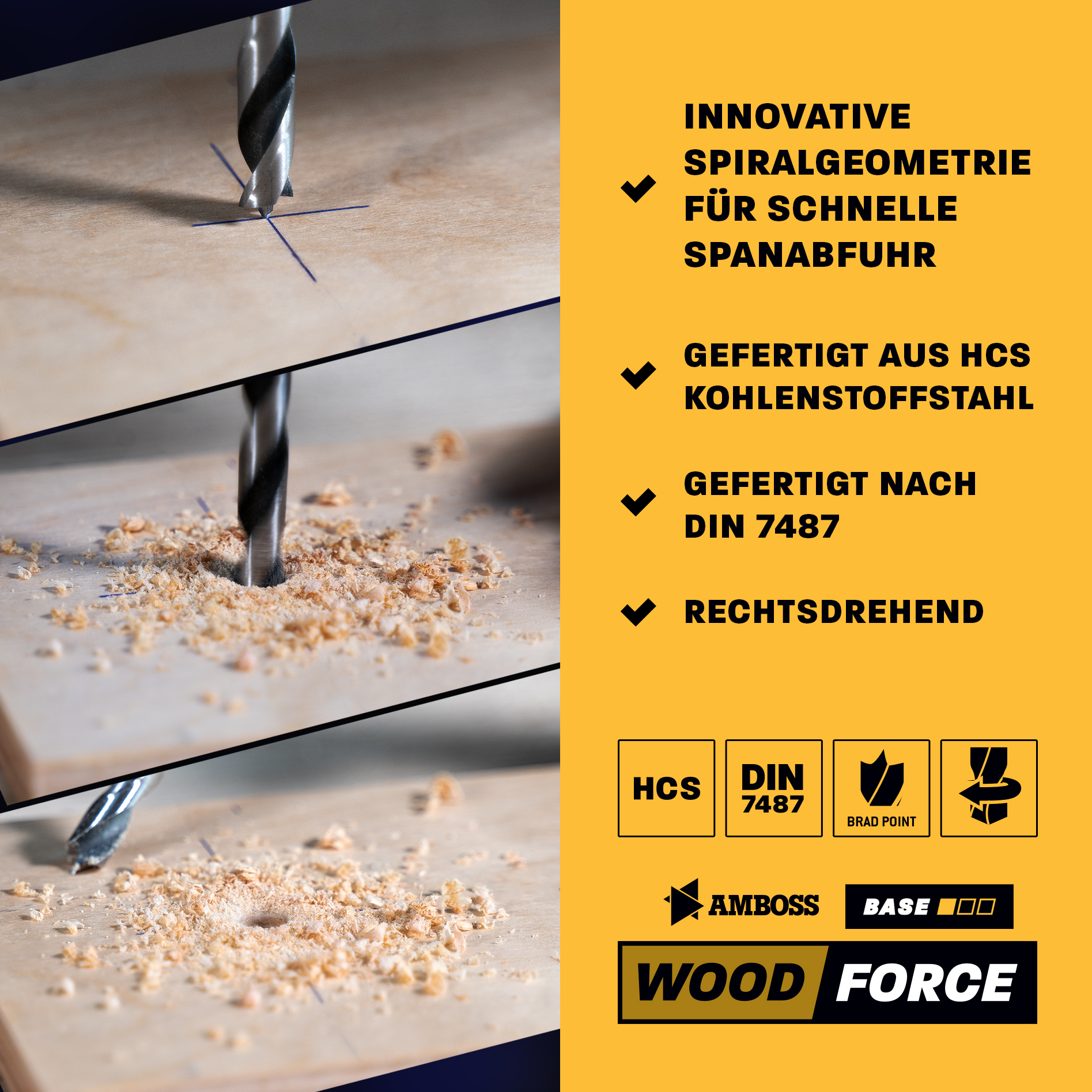 Holzbohrer Set 8-teilig Ø 3mm / 4mm / 5mm / 6mm / 7mm / 8mm / 9mm / 10mm - AMBOSS Werkzeuge Wood Force - Bohrerset für Holz bohren, Plastik bohren - Rundschaft Holzbohrer-Set