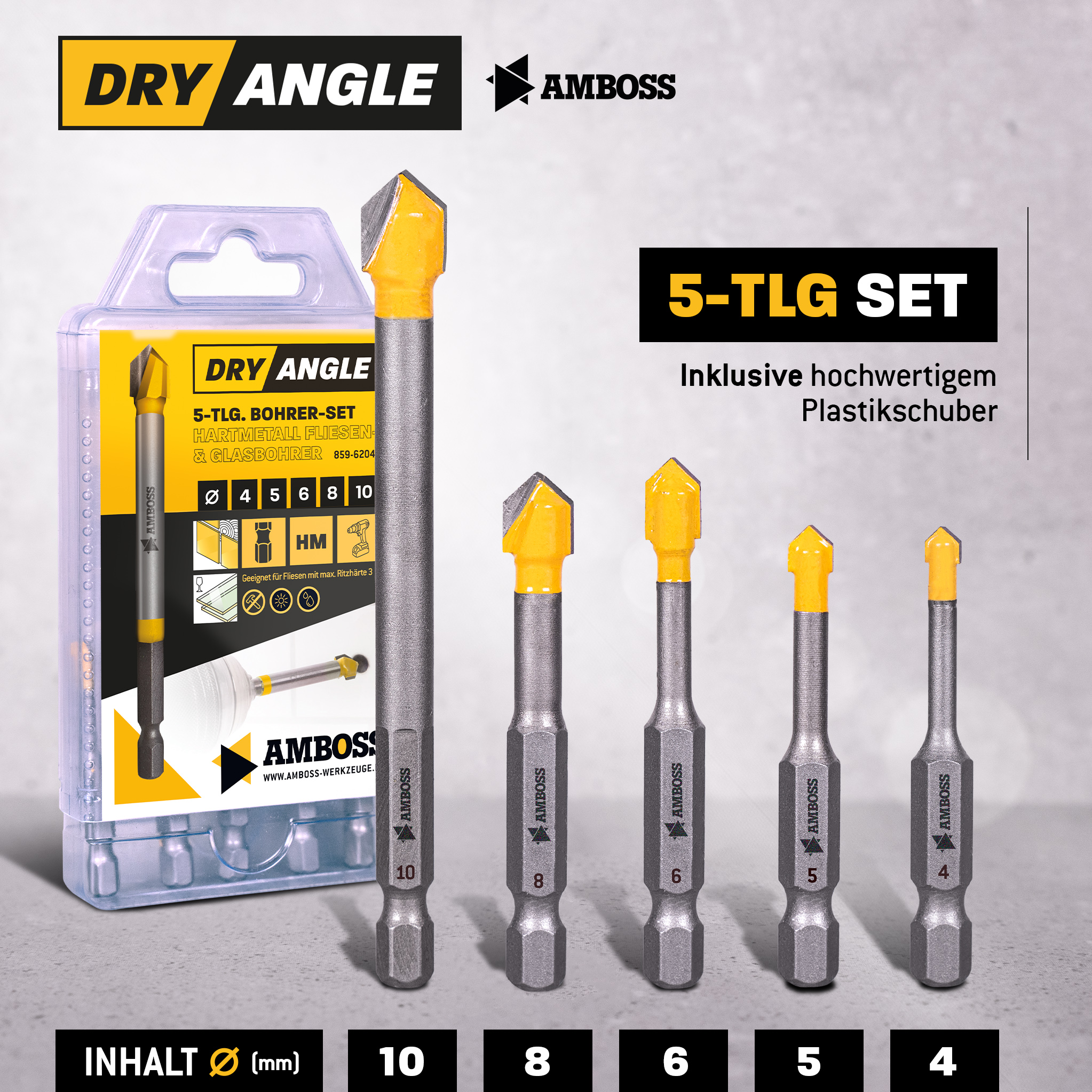 Amboss DryAngle Set Ø 4 / 5 / 6 / 8 / 10 mm - Fliesenbohrer Glasbohrer Keramikbohrer - Sechskantschaft für Bohrmaschinen - Glas / Wandfliesen / Dachziegel / Keramik bohren