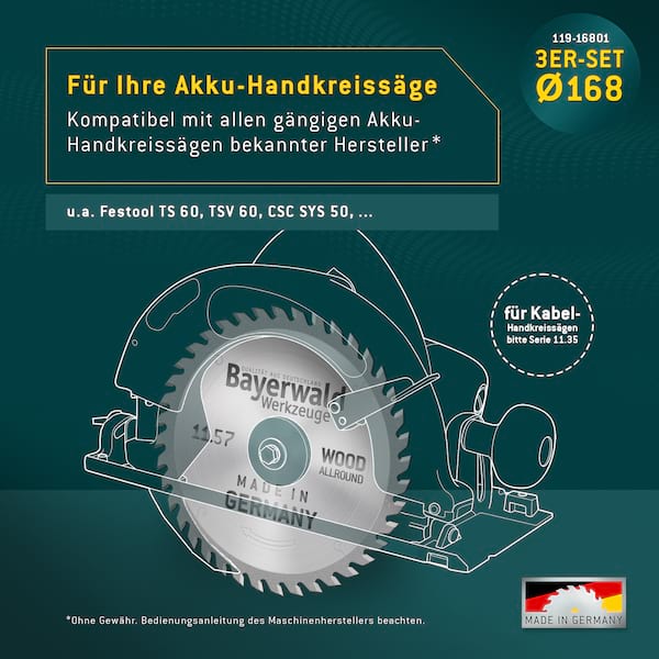 Bayerwald Kreissägeblatt Set Ø168 (3 tlg.) - für NE-Metall & Holz - geeignet für Akku-Handkreissägen von Festool uvm. Bayerwald Kreissägeblatt Set Ø168 (3 tlg.) - für NE-Metall & Holz - geeignet für Akku-Handkreissägen von Festool uvm.