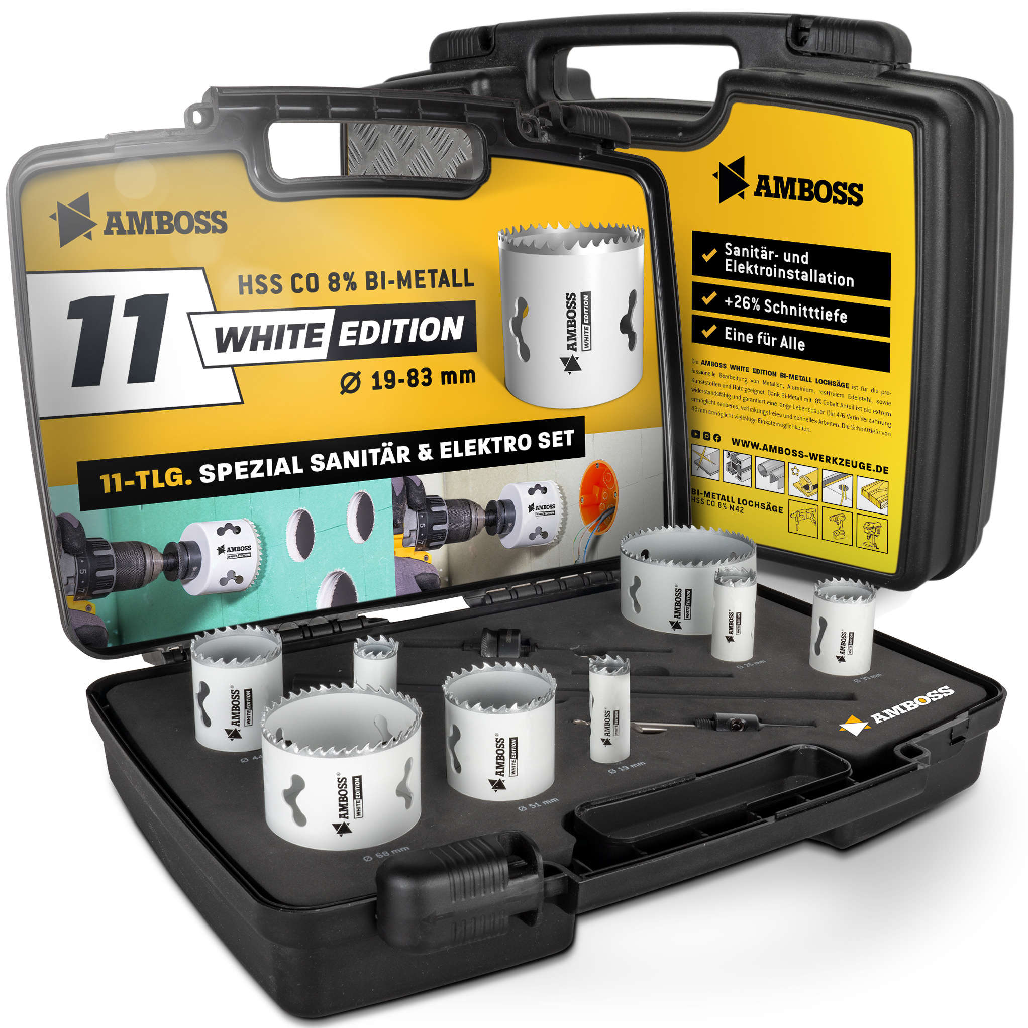 Amboss M 42 Bi-Metall Lochsägen Set Ø 19-83 mm (11-teilig) | Für Aluminium, Stahl, Gipskarton, Holz etc. Amboss M 42 Bi-Metall Lochsägen Set Ø 19-83 mm (11-teilig) | Für Aluminium, Stahl, Gipskarton, Holz etc.