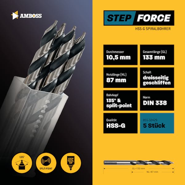 5 x HSS G STEP Force Metallbohrer DIN 338 - Ø:10.5 mm 5 x HSS G STEP Force Metallbohrer DIN 338 - Ø:10.5 mm