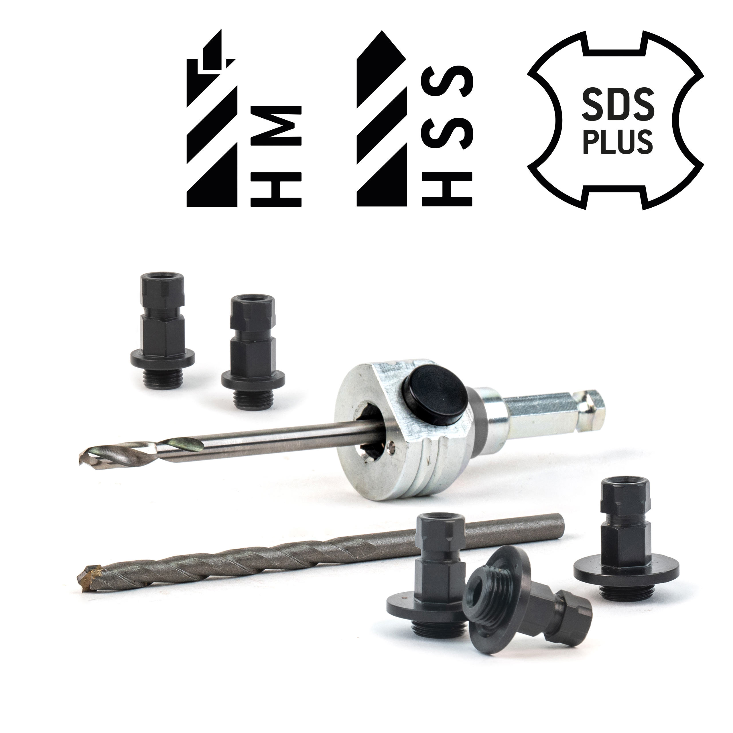 Schnellwechselaufnahme (komplett) SDS Plus-inkl. HSS und HM Zentrierbohrer und Adapter (2x klein / 3x groß) Schnellwechselaufnahme (komplett) SDS Plus-inkl. HSS und HM Zentrierbohrer und Adapter (2x klein / 3x groß)