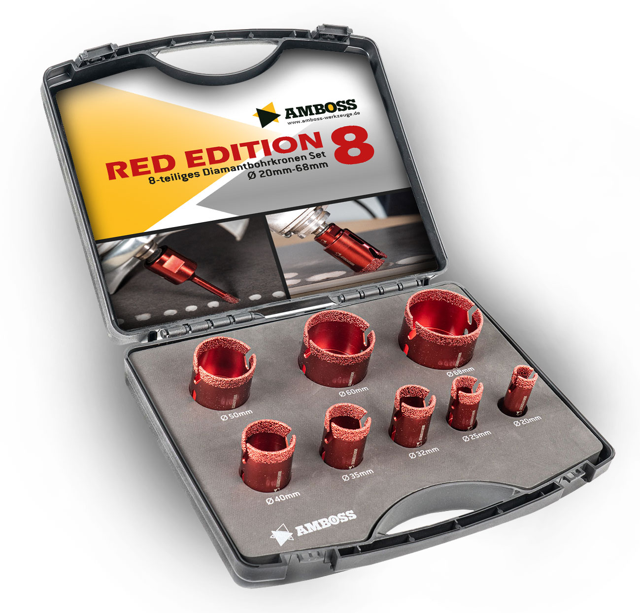 Amboss Red Edition 8 - Diamant Bohrkronen Set Ø 20-68 mm Amboss Red Edition 8 - Diamant Bohrkronen Set Ø 20-68 mm