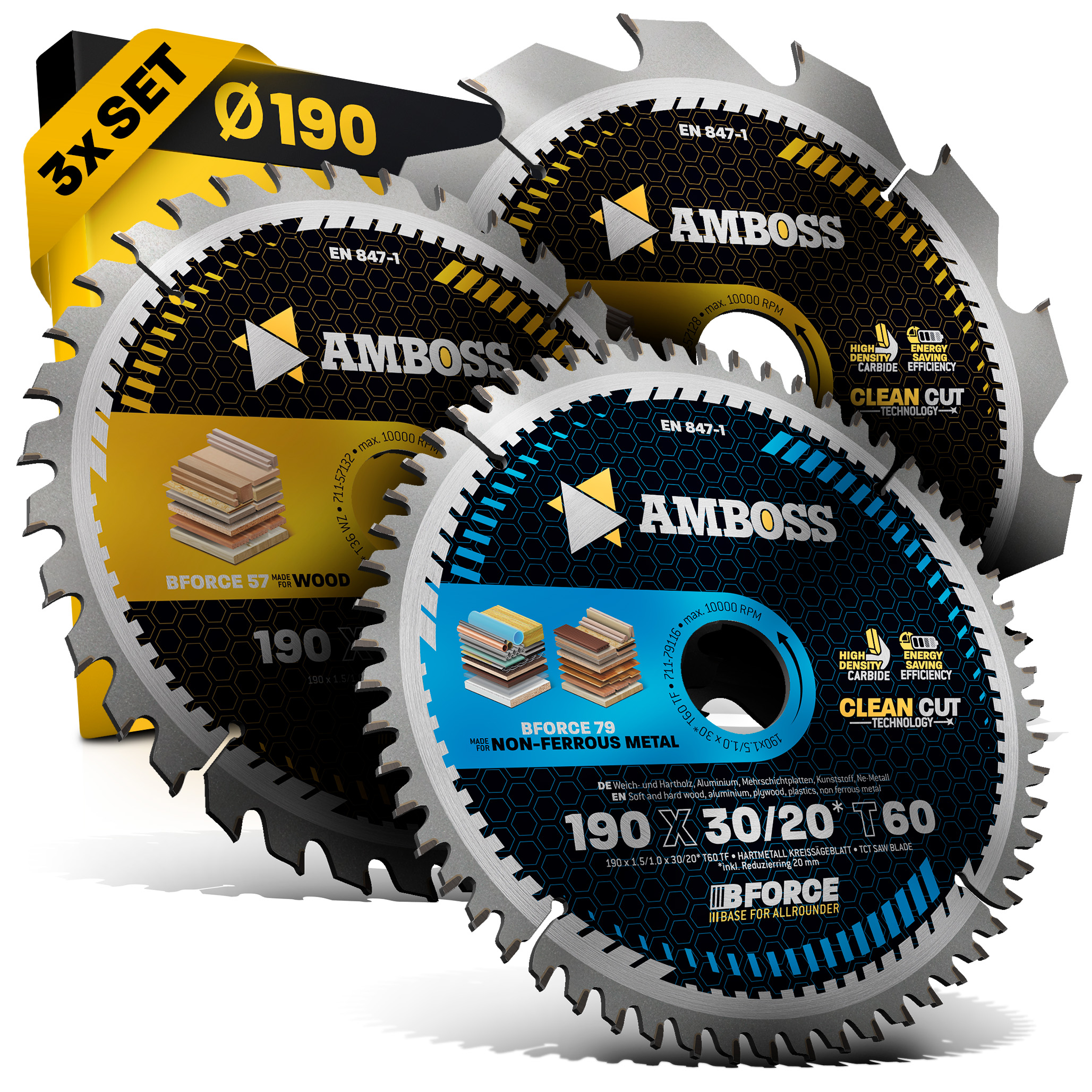 Ø190 Akku Hand- Kreissägeblatt Set passend für Metabo KS 18, Makita DHS783, Einhell TP-CS 18, DeWalt DCS57